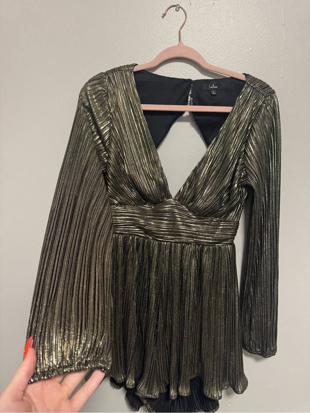 Lulus Plisse and Thank You Gold Pleated Long Sleeve Backless Romper - Picture 8 of 15